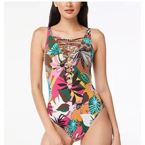 Bleu by Rod Beattie Printed Lace-Up Over-the-Shoulder One-Piece Swimsuit…